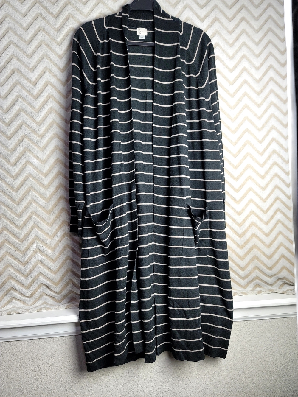 a new day Black & Cream Striped Open-Front Long Cardigan Dress